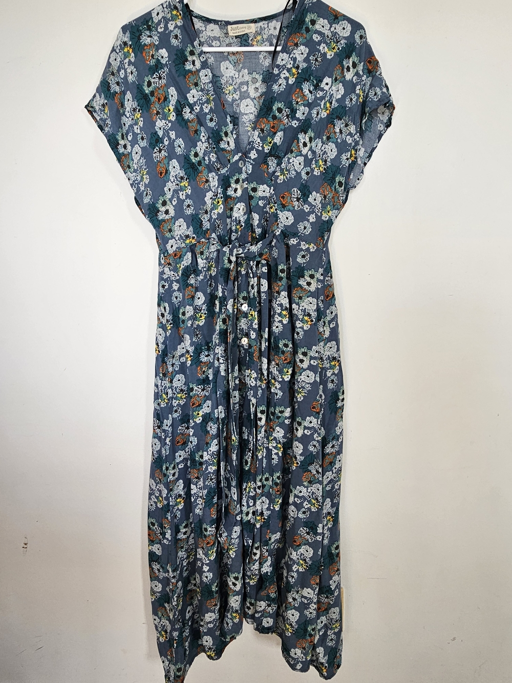 Just Living Floral V-Neck Button Front Maxi Dress with Waist Tie Size M Boho